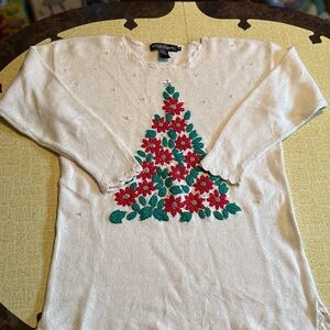 Vintage Holiday Cream Sweater with Red Floral Design